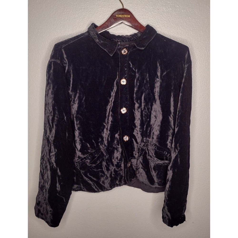 CP Shades  Women's Velvet Blouse Top Large Black Button Up Collar Lagenlook P
